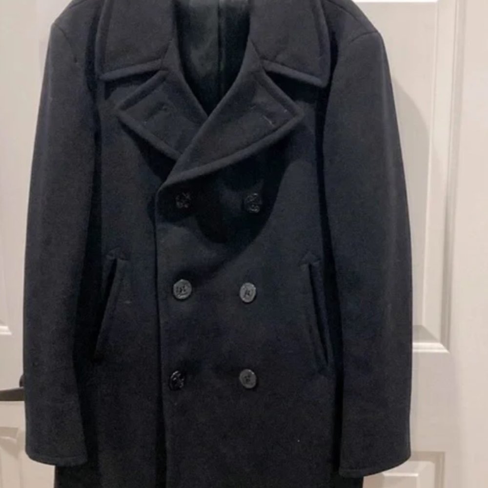 Men’s Vintage wool Kersey Double Breasted Pea Coat Black 42 Black